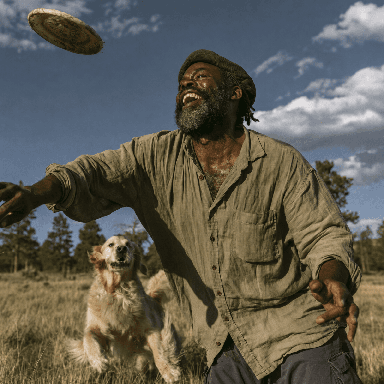 Teledris patient laughing while playing frisbee with his dog in a sunlit field