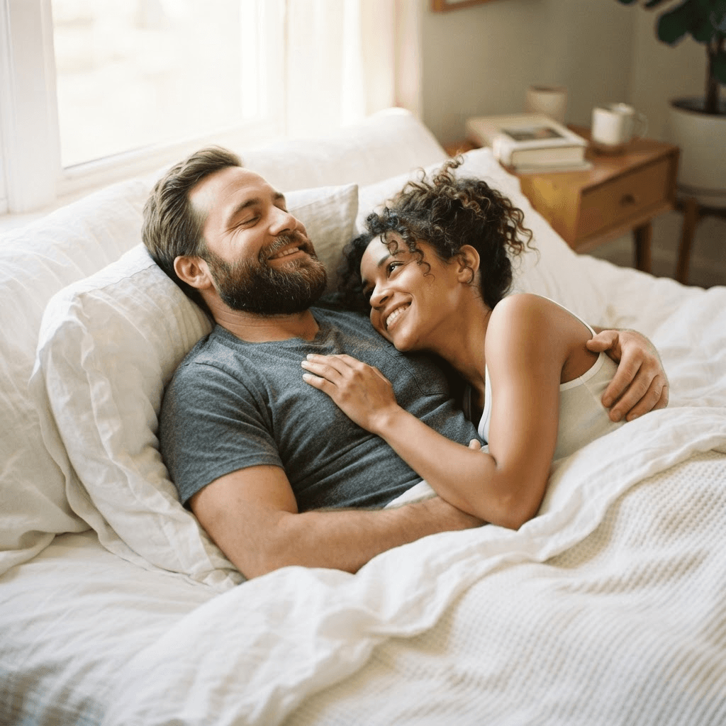 Pareja feliz y cariñosa relajándose junta en casa