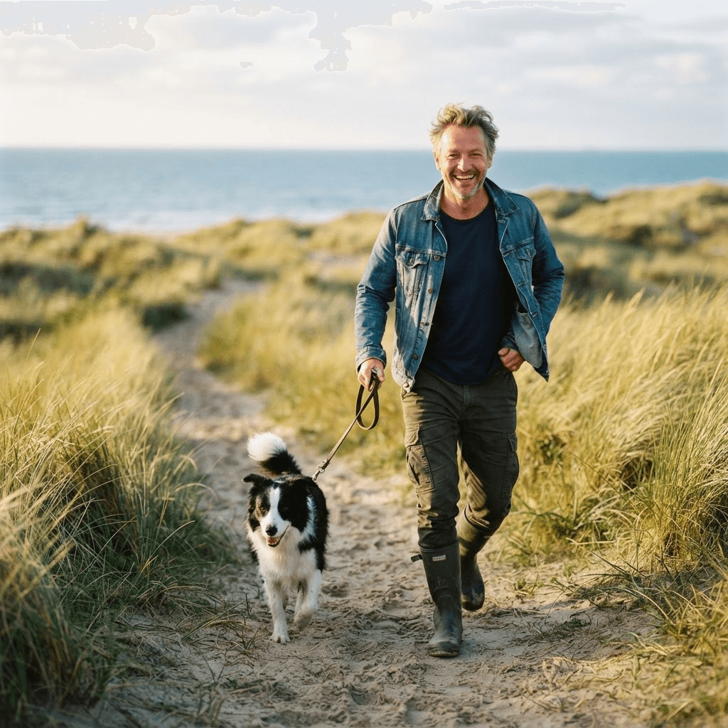Hombre sonriente paseando a su perro por un sendero costero soleado