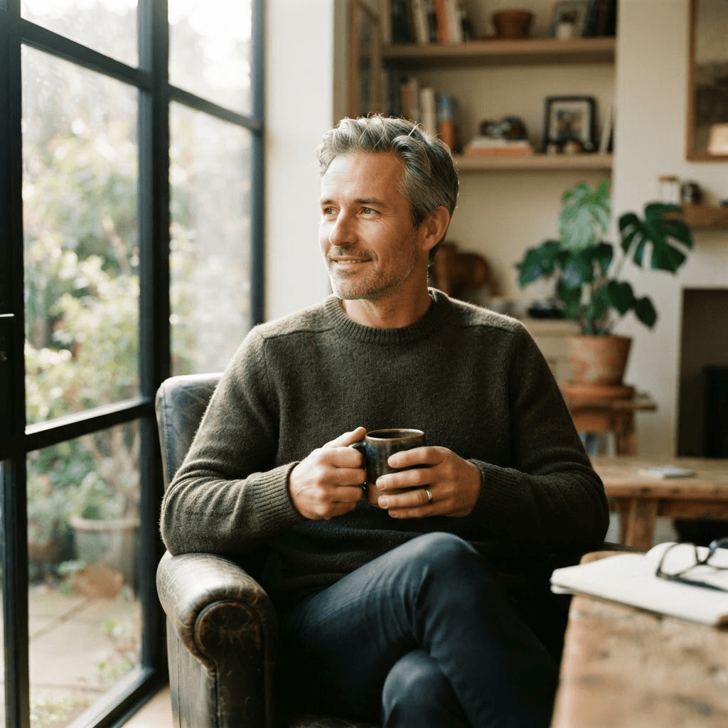 Hombre tranquilo y concentrado relajándose con un café junto a una ventana soleada
